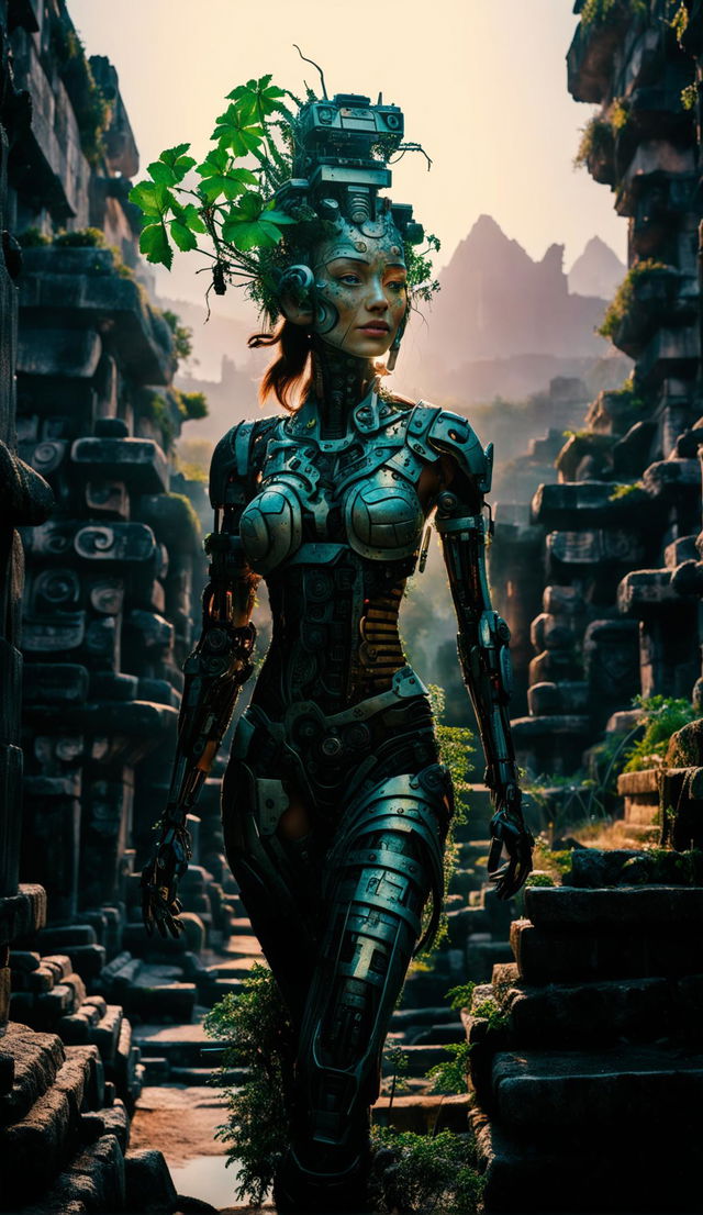 HD raw photograph of a techno-organic woman made of glass, plants, and robotics exploring an ancient Mayan city at sunrise.