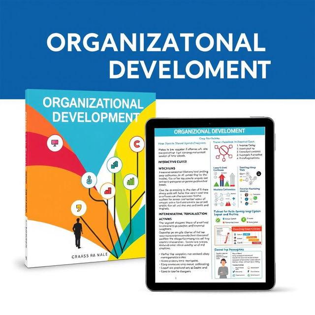 An interactive digital and print book about Organizational Development, featuring detailed exploration of different phases of organizational development including initiation, assessment, planning, implementation, and evaluation