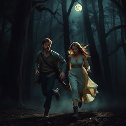A dramatic scene depicting a brunette man and a brunette woman running together through a dark, dense forest