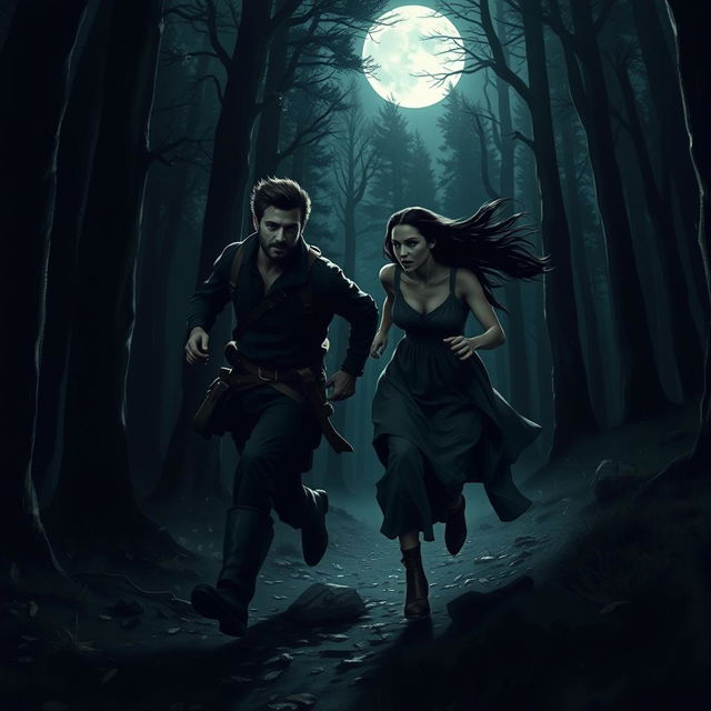 A dramatic scene depicting a brunette man and a brunette woman running together through a dark, dense forest