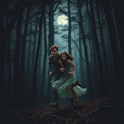 A dramatic scene depicting a brunette man and a brunette woman running together through a dark, dense forest