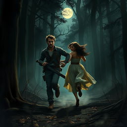 A dramatic scene depicting a brunette man and a brunette woman running together through a dark, dense forest