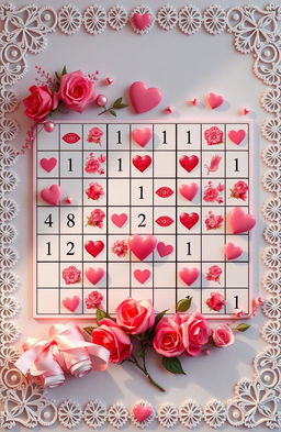A romantic-themed Sudoku puzzle, incorporating hearts and floral patterns in each square