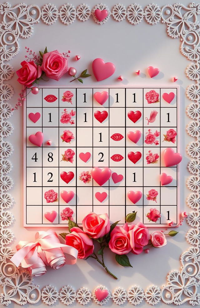 A romantic-themed Sudoku puzzle, incorporating hearts and floral patterns in each square