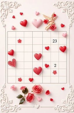 A romantic-themed Sudoku puzzle, incorporating hearts and floral patterns in each square