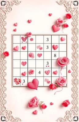 A romantic-themed Sudoku puzzle, incorporating hearts and floral patterns in each square