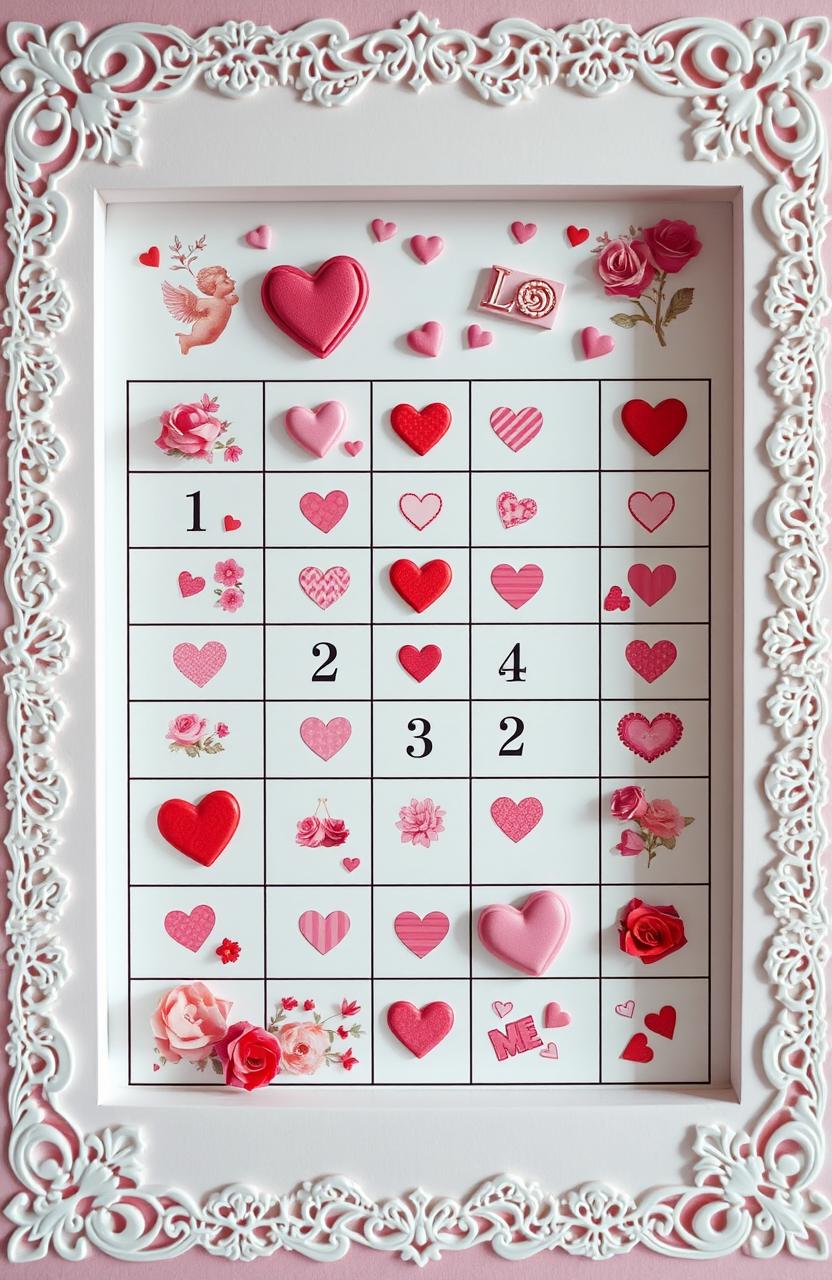 A romantic-themed Sudoku puzzle, incorporating hearts and floral patterns in each square