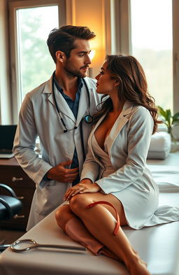 A romantic scene set in a luxurious doctor's office, featuring a handsome male doctor in a crisp white lab coat with a stethoscope around his neck, and a beautiful female patient sitting on the examination table