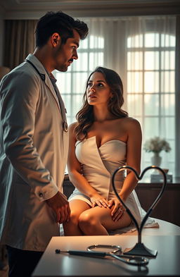 A romantic scene set in a luxurious doctor's office, featuring a handsome male doctor in a crisp white lab coat with a stethoscope around his neck, and a beautiful female patient sitting on the examination table