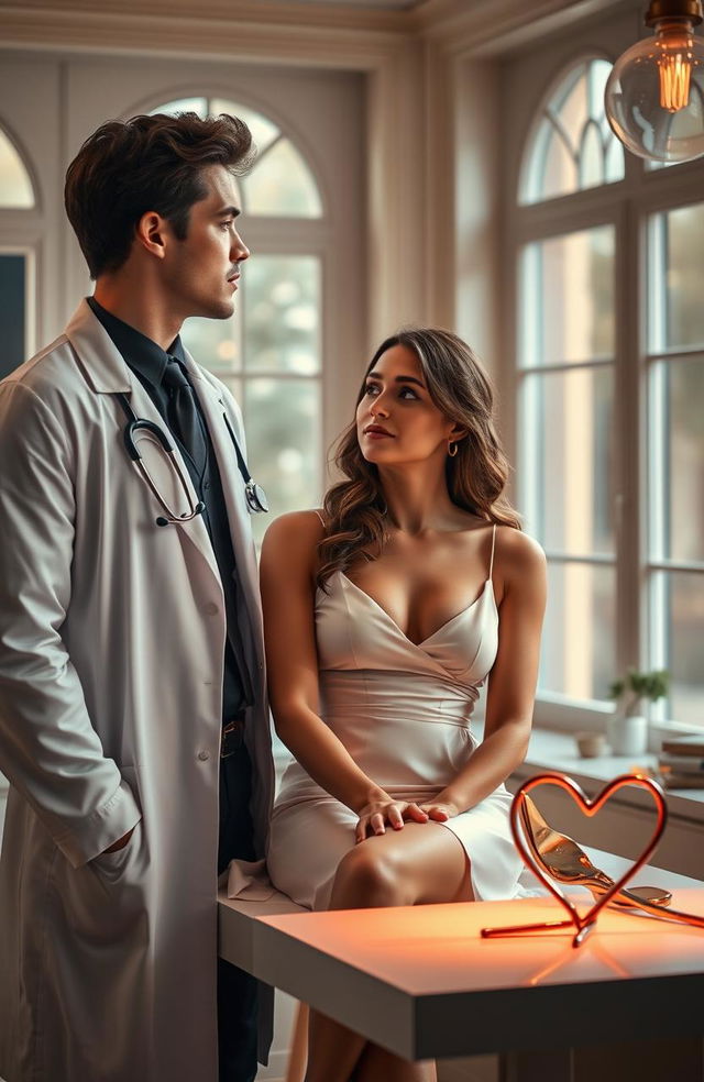 A romantic scene set in a luxurious doctor's office, featuring a handsome male doctor in a crisp white lab coat with a stethoscope around his neck, and a beautiful female patient sitting on the examination table