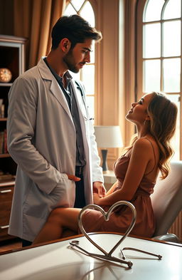 A romantic scene set in a luxurious doctor's office, featuring a handsome male doctor in a crisp white lab coat with a stethoscope around his neck, and a beautiful female patient sitting on the examination table