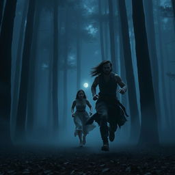 A dramatic scene depicting a brunette man and a brunette woman running together through a dark, misty forest