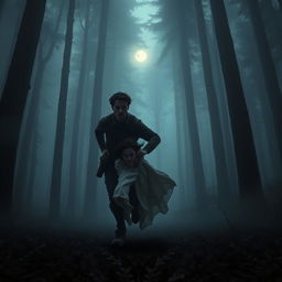 A dramatic scene depicting a brunette man and a brunette woman running together through a dark, misty forest