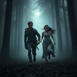 A dramatic scene depicting a brunette man and a brunette woman running together through a dark, misty forest