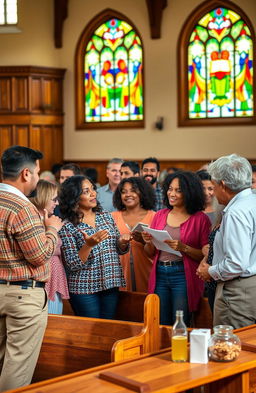 A vibrant and lively community meeting scene, showcasing a diverse group of adults engaged in a discussion during a congregation session