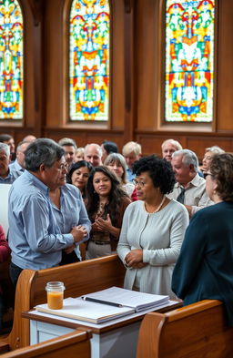 A vibrant and lively community meeting scene, showcasing a diverse group of adults engaged in a discussion during a congregation session