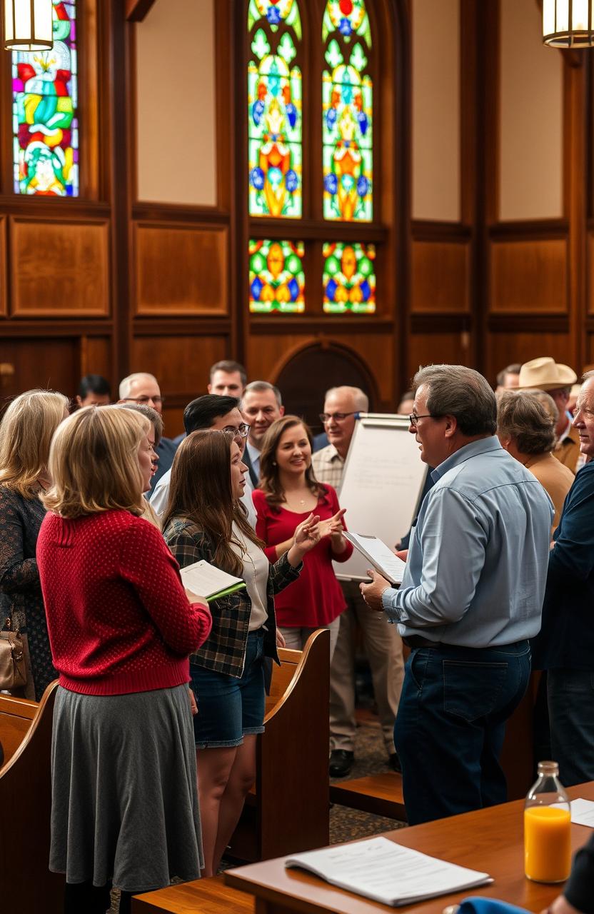 A vibrant and lively community meeting scene, showcasing a diverse group of adults engaged in a discussion during a congregation session