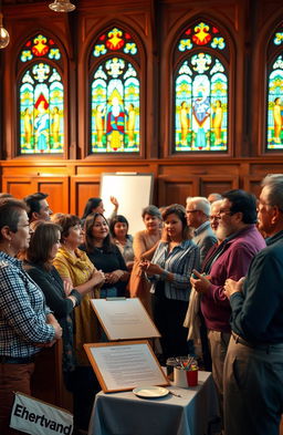 A vibrant and lively community meeting scene, showcasing a diverse group of adults engaged in a discussion during a congregation session