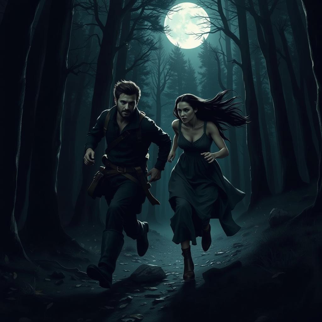 A thrilling illustration of a brunette man and a brunette woman running through a dark, misty forest