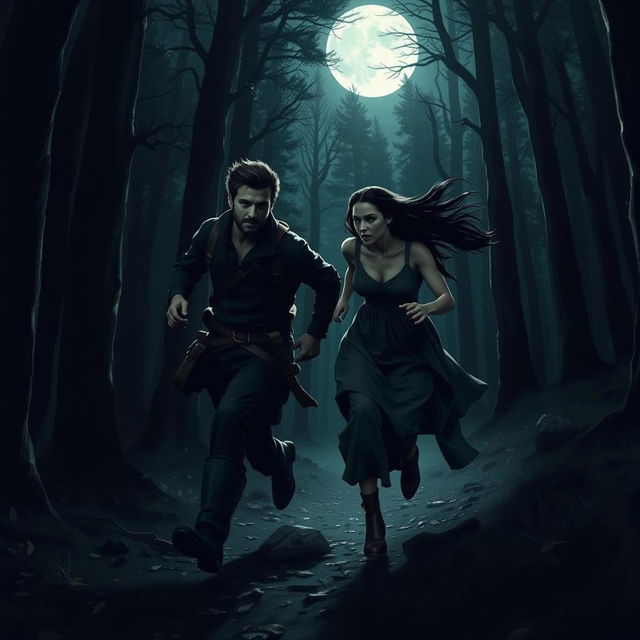 A thrilling illustration of a brunette man and a brunette woman running through a dark, misty forest