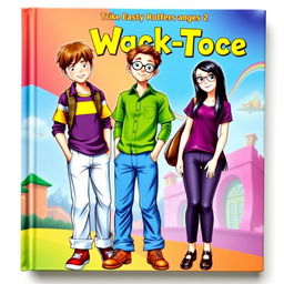 A vibrant book cover featuring three characters: a teenage boy wearing a purple-yellow shirt, light blue long pants, and red shoes, with brown hair styled casually