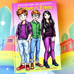 A vibrant book cover featuring three characters: a teenage boy wearing a purple-yellow shirt, light blue long pants, and red shoes, with brown hair styled casually