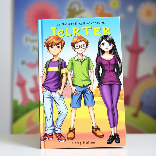 A vibrant book cover featuring three characters: a teenage boy wearing a purple-yellow shirt, light blue long pants, and red shoes, with brown hair styled casually