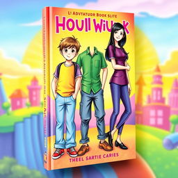 A vibrant book cover featuring three characters: a teenage boy wearing a purple-yellow shirt, light blue long pants, and red shoes, with brown hair styled casually