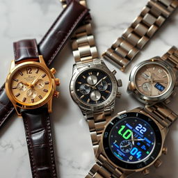 An elegant collection of luxury watches showcased on a marble surface