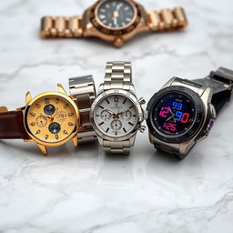 An elegant collection of luxury watches showcased on a marble surface