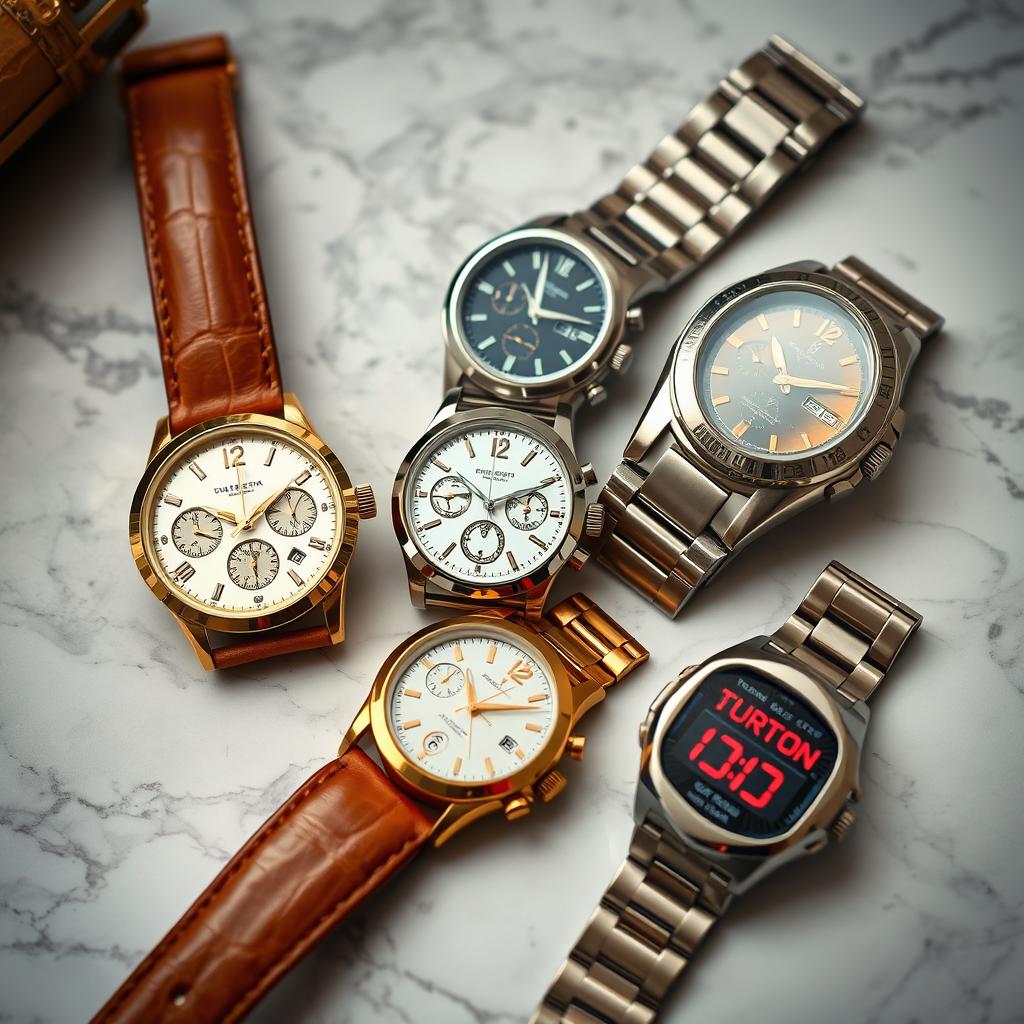 An elegant collection of luxury watches showcased on a marble surface