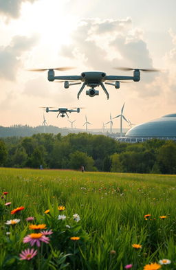 A stunning and serene futuristic landscape showcasing silent technology in harmony with nature