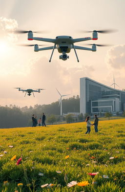A stunning and serene futuristic landscape showcasing silent technology in harmony with nature