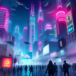 A stunning digital illustration of a vibrant cyberpunk cityscape at night, featuring towering skyscrapers adorned with neon lights in hues of pink, blue, and green