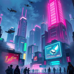 A stunning digital illustration of a vibrant cyberpunk cityscape at night, featuring towering skyscrapers adorned with neon lights in hues of pink, blue, and green