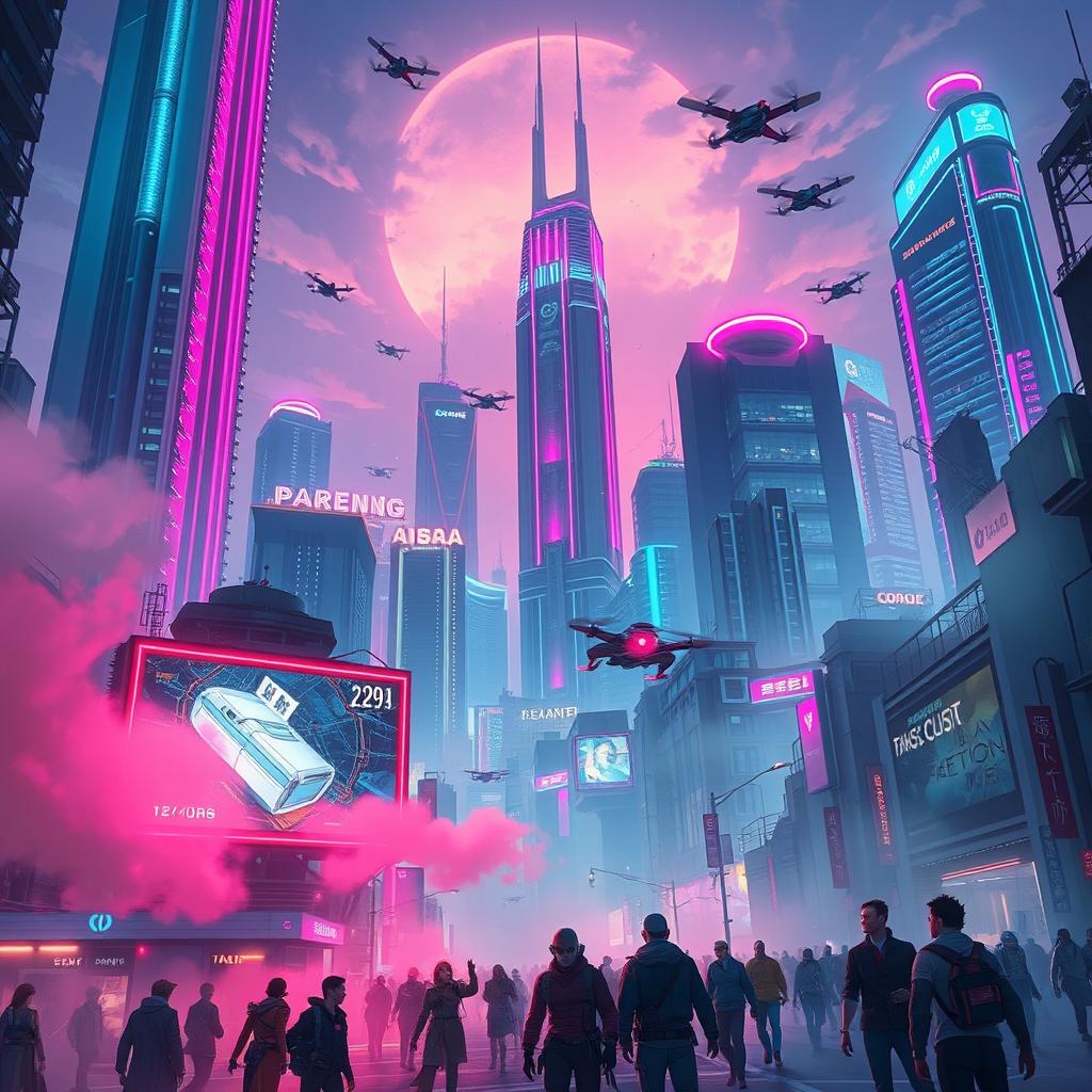 A stunning digital illustration of a vibrant cyberpunk cityscape at night, featuring towering skyscrapers adorned with neon lights in hues of pink, blue, and green