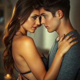 A very attractive woman with slender figure, brown hair, and blue eyes, engaged in an intimate moment with a similarly aged young man, both appearing around 20 years old