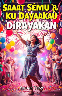 A vibrant and festive scene featuring a joyful woman dancing energetically at the center of a colorful celebration