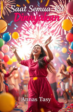 A vibrant and festive scene featuring a joyful woman dancing energetically at the center of a colorful celebration