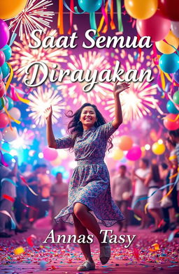 A vibrant and festive scene featuring a joyful woman dancing energetically at the center of a colorful celebration