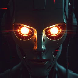 A close-up of a cyborg face featuring glowing eyes, surrounded by distortion and glitch effects, suggesting a fusion of technology and emptiness