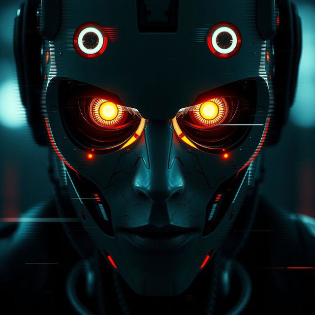 A close-up of a cyborg face featuring glowing eyes, surrounded by distortion and glitch effects, suggesting a fusion of technology and emptiness