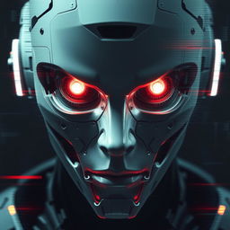 A close-up of a cyborg face featuring glowing eyes, surrounded by distortion and glitch effects, suggesting a fusion of technology and emptiness