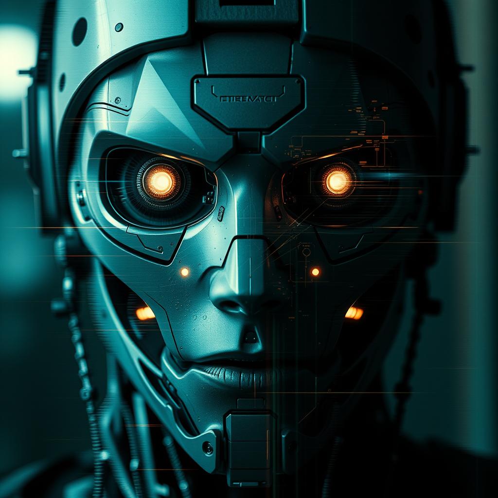 A close-up of a cyborg face featuring glowing eyes, surrounded by distortion and glitch effects, suggesting a fusion of technology and emptiness