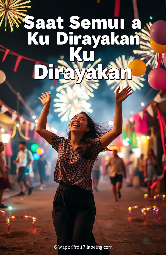 A joyful woman dancing exuberantly in the center of a mysterious celebration in a small town, surrounded by colorful fireworks and vibrant lights