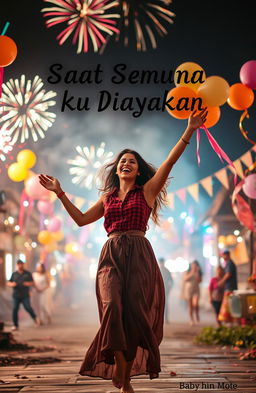 A joyful woman dancing exuberantly in the center of a mysterious celebration in a small town, surrounded by colorful fireworks and vibrant lights