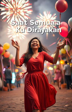 A joyful woman dancing exuberantly in the center of a mysterious celebration in a small town, surrounded by colorful fireworks and vibrant lights