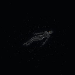 A human figure or a cyborg floating in deep space with a dark black background, surrounded by small twinkling lights or particles that create a sense of solitude and vastness