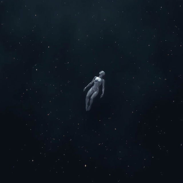 A human figure or a cyborg floating in deep space with a dark black background, surrounded by small twinkling lights or particles that create a sense of solitude and vastness