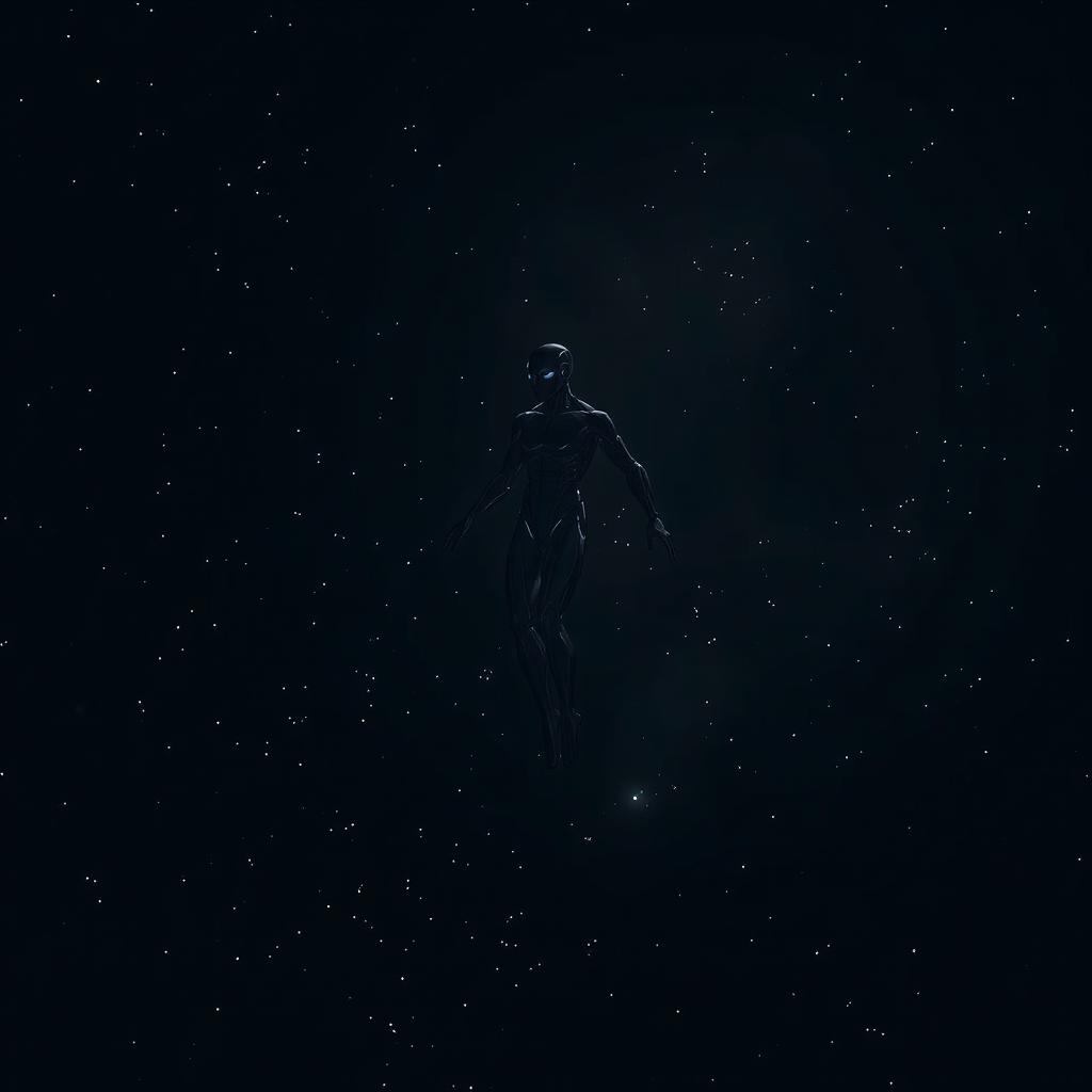 A human figure or a cyborg floating in deep space with a dark black background, surrounded by small twinkling lights or particles that create a sense of solitude and vastness